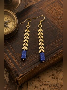 ✨ Handmade Gold-Tone Chain & Blue Stone Drop Earrings ✨